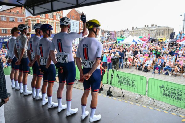 Picture by Simon Wilkinson/SWpix.com - 03/09/2026 - Cycling - UCI ProSeries - 2026 Lloyds Tour of Britain Men - Stage 2: Boston to Skegness (181.1km) - Micheal Ben Wiggins, Elliot Rowe, William Smith, Jacob Bush, Matthew Bostock, Oliver Wood (Great Britain National Team)
