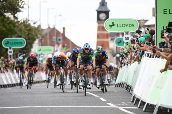Picture by Simon Wilkinson/SWpix.com - 03/09/2026 - Cycling - UCI ProSeries - 2026 Lloyds Tour of Britain Men - Stage 2: Boston to Skegness (181.1km) - Tim Merlier (Soudal Quick-Step) Winner of Stage 2, crossing the line and celebrates