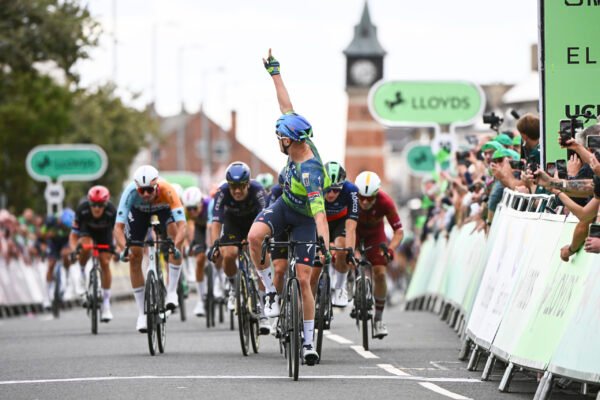 Picture by Simon Wilkinson/SWpix.com - 03/09/2026 - Cycling - UCI ProSeries - 2026 Lloyds Tour of Britain Men - Stage 2: Boston to Skegness (181.1km) - Tim Merlier (Soudal Quick-Step) Winner of Stage 2, crossing the line and celebrates